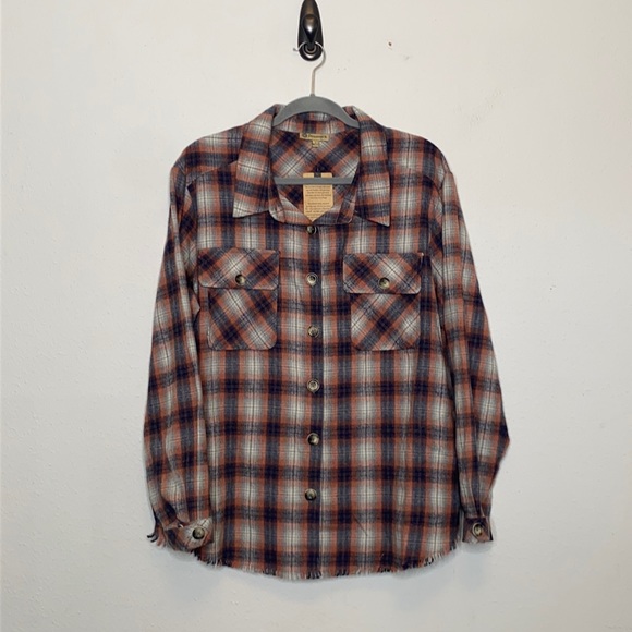 Democracy Women's Orange & Blue Plaid Button-Down Shirt Frayed Hem size Large - Picture 2 of 9